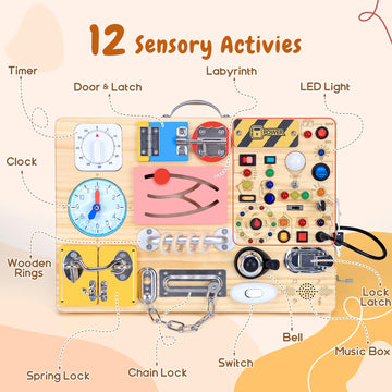 iHarPro 25 in 1 Busy Board - Wooden Montessori Sensory Toy, 17.7" x 7.8", Brown, with LED Light Switches for Toddlers 1