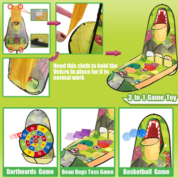 Unanscre 3 In 1 Bean Bag Toss Game Toy Outdoor For Kids, Dinosaur Foldable Cornhole Board With Pop Up Basketball Game And Dartboard Set, Gift For Birthday/Xmas Party, Outside Toys For Toddlers Age 3+