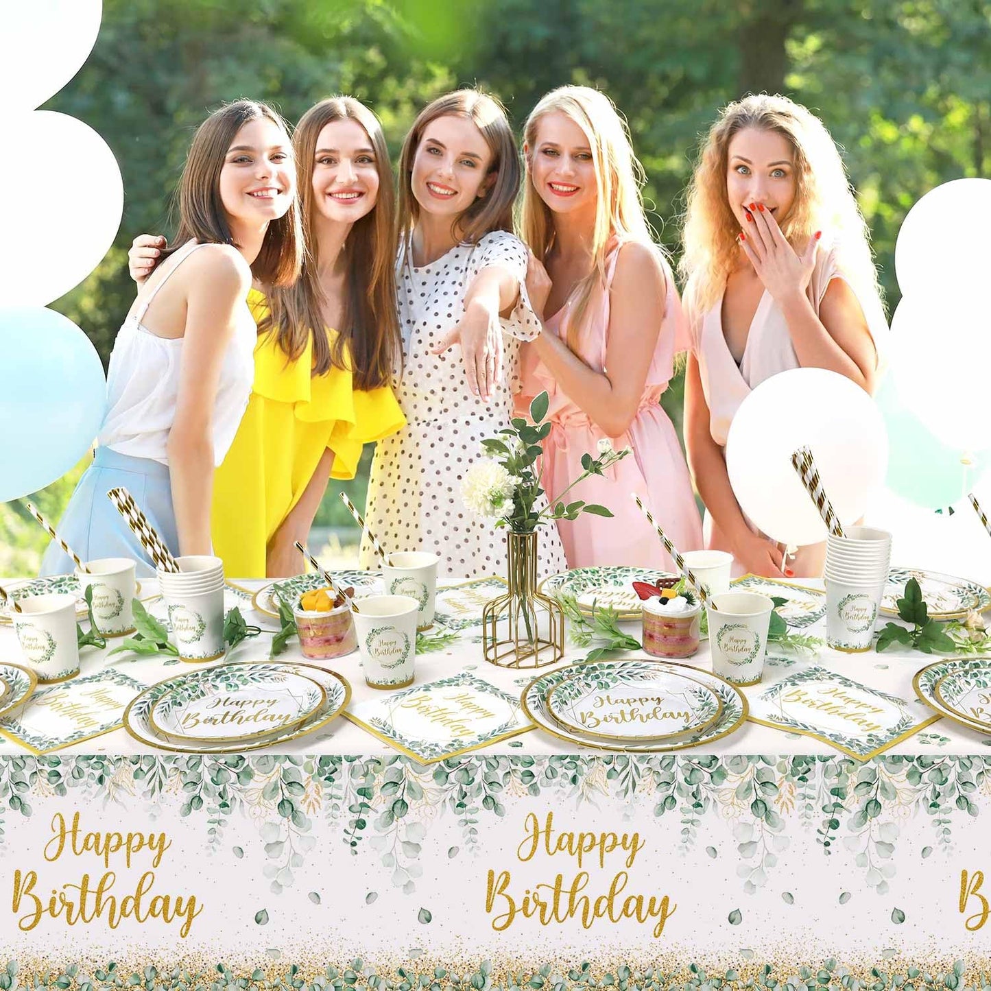 Lopeastar 3Pcs Neutral Sage Green Birthday Decorations Tablecloths, Glitter Gold Happy Birthday Table Cover, 54 x 108 Inch Large