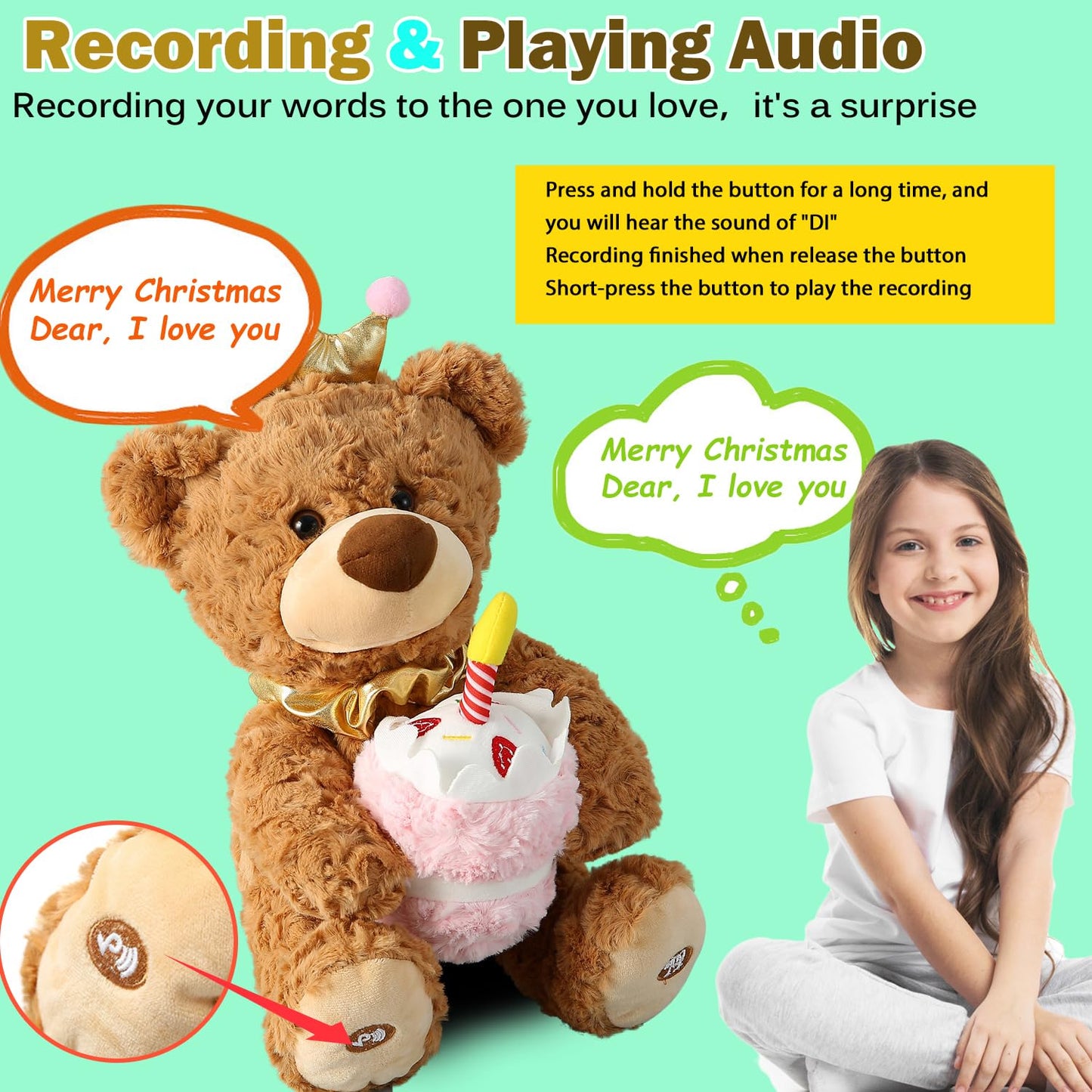 Marsjoy Musical Happy Birthday Teddy Bear With Glowing Cupcake, Animated Plush Toy Singing Dancing Talking Plush Bear Repeating What You Say Recording Toy Stuffed Animal Gift For Girl Kid