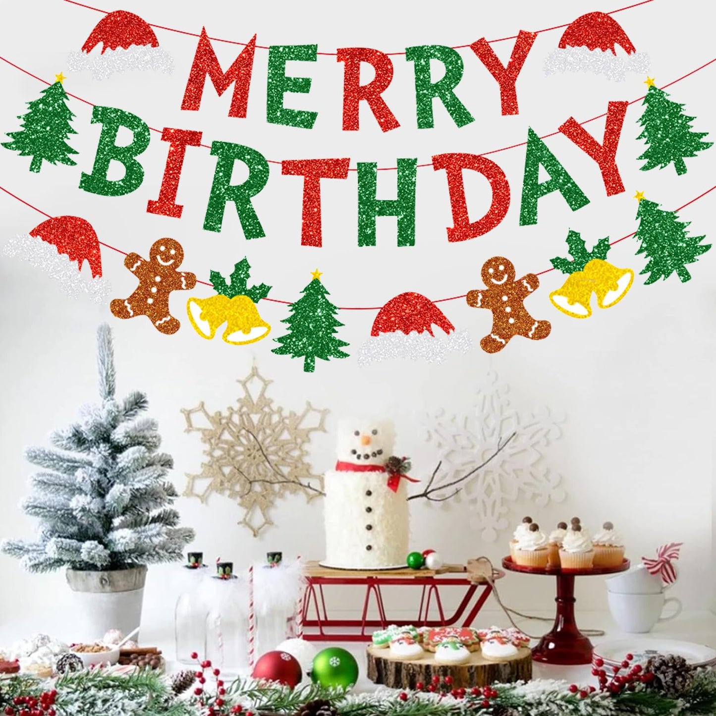 Zwiebeco Christmas Birthday Party Decorations Red Green Merry Birthday Banner Hanging Paper Christmas Tree Gingerbread Man Bells