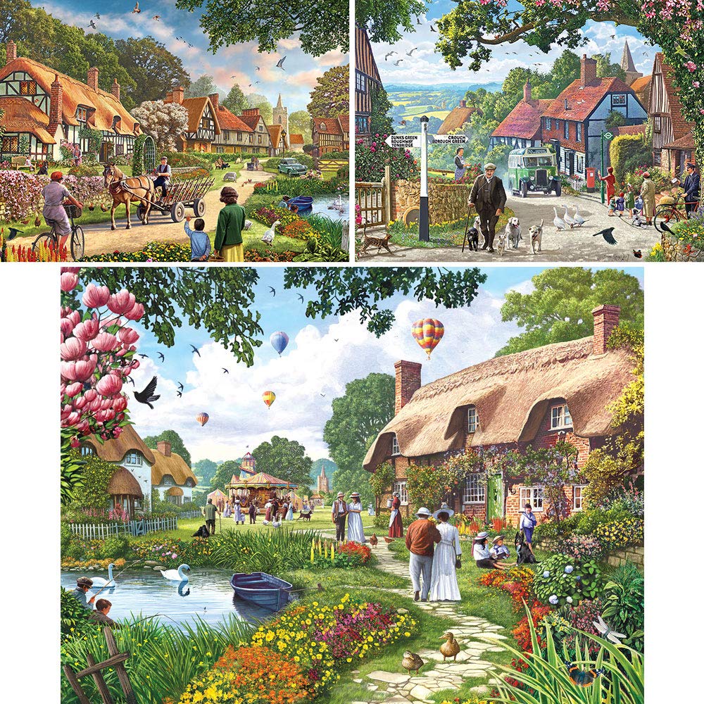 Bits and Pieces - Value Set of Three Large 300 Piece Jigsaw Puzzles for Adults - Village Life Jigsaw Puzzles by Artist Steve Cri