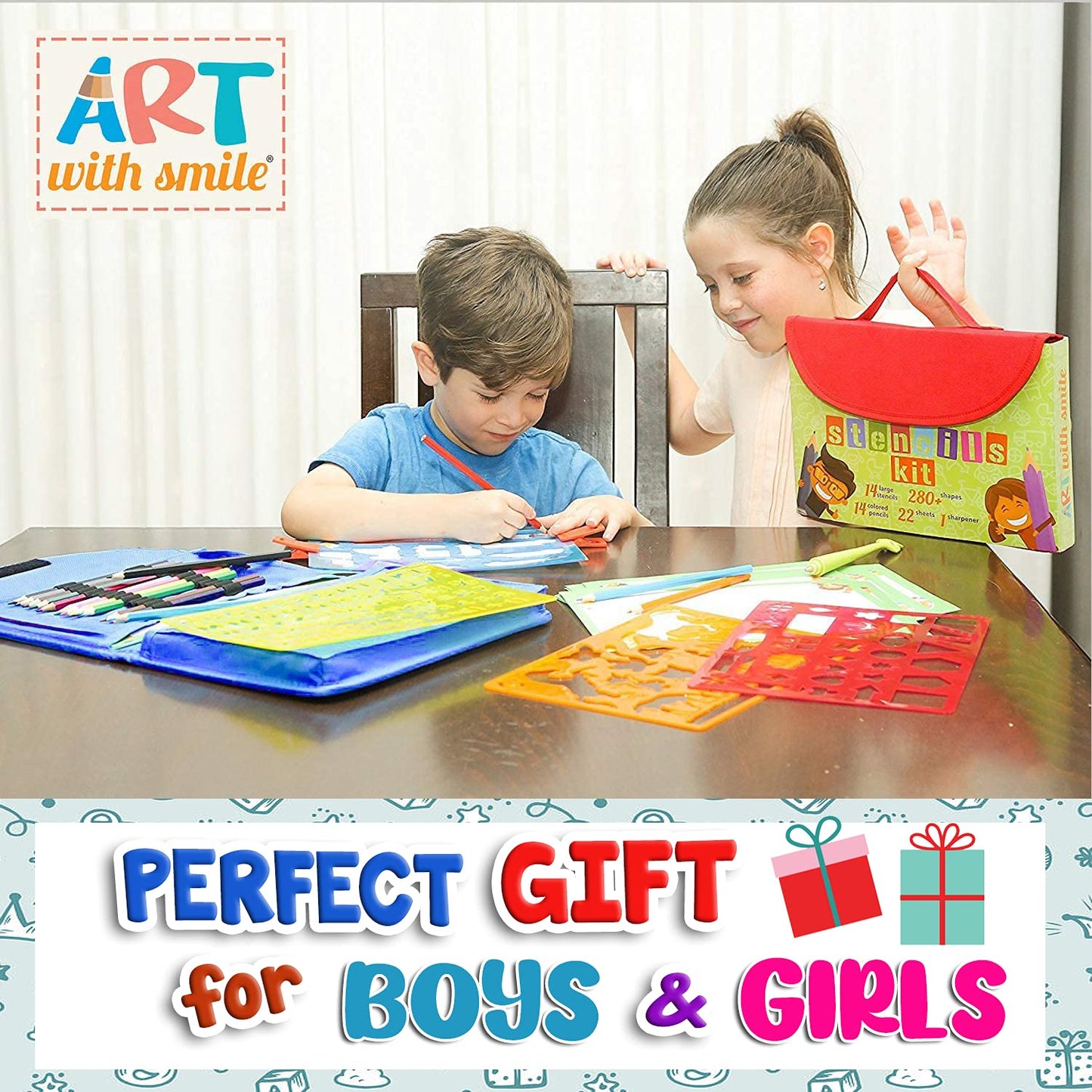 Art with Smile Drawing Stencils Kit - 300 Shapes, A4/Letter Size, Child-Safe, Non-Toxic, Red Carry Case, Perfect for Kids' Creativity