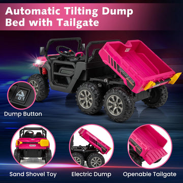 Olakids 24V 2 Seater Ride On Dump Truck, 4Wd 6X6 Battery Powered Kids Utv With Remote Control, 4 X 90W Engine, Electric Dump Bed, Spring Suspension, Ride On Toys For Big Kids (Rose)