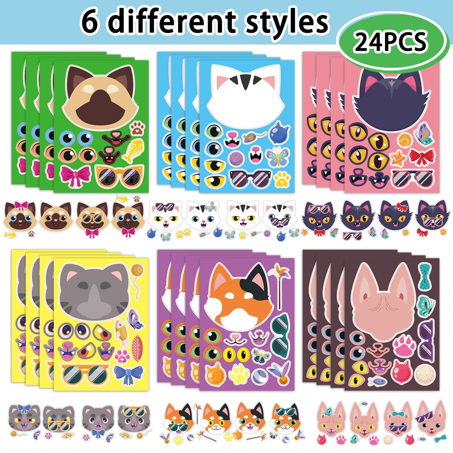24 Sheets 8.3''  5.9'' Make Your Own Cat Stickers For Toddlers Kids Party Favors, Make A Face Stickers For Kids Activities Suppl