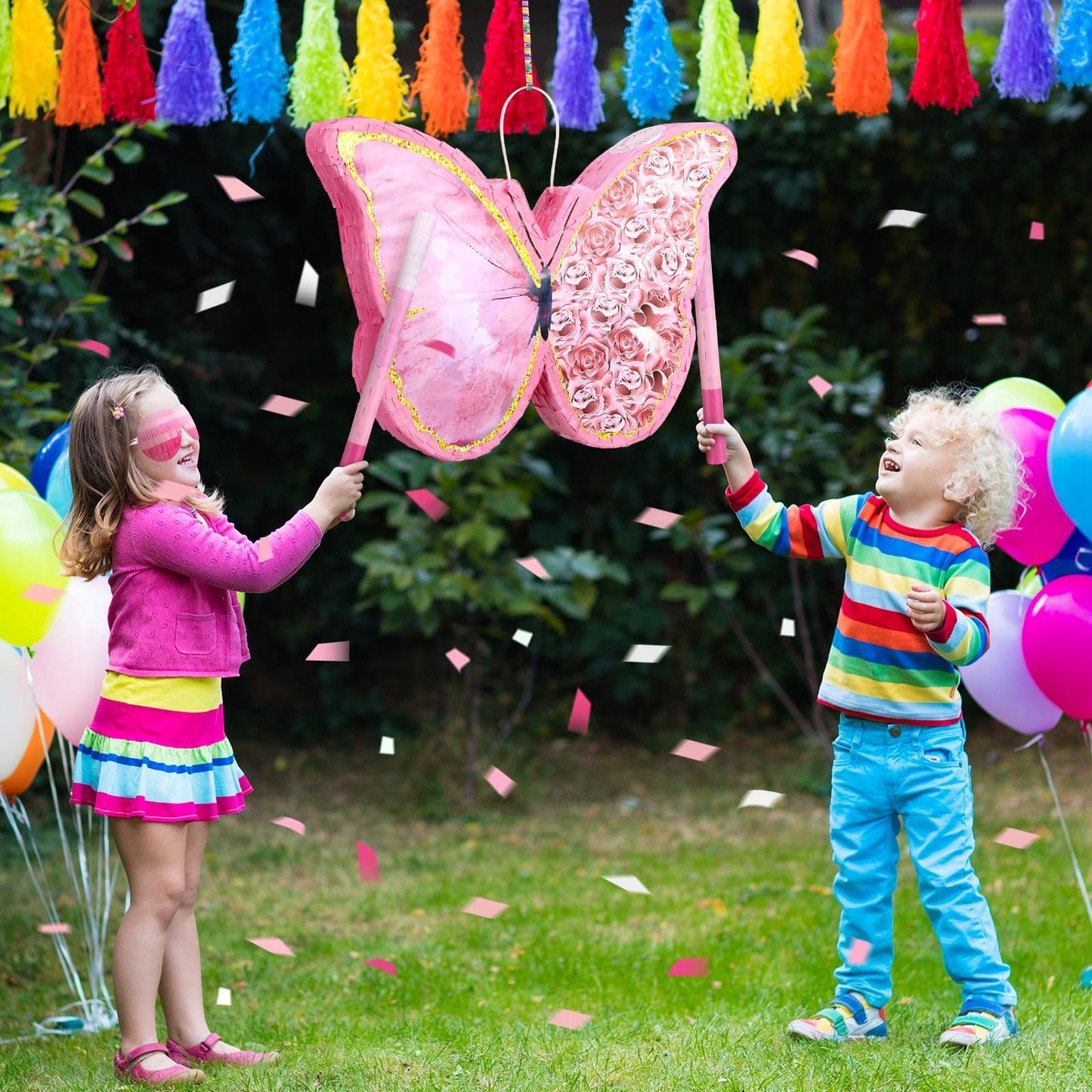 Zhanmai Butterfly Sunflower Piñata Set - 15.4x11.3x2 Inch Pink Bat Stick & Blindfold for Girls Birthday Party Supplies