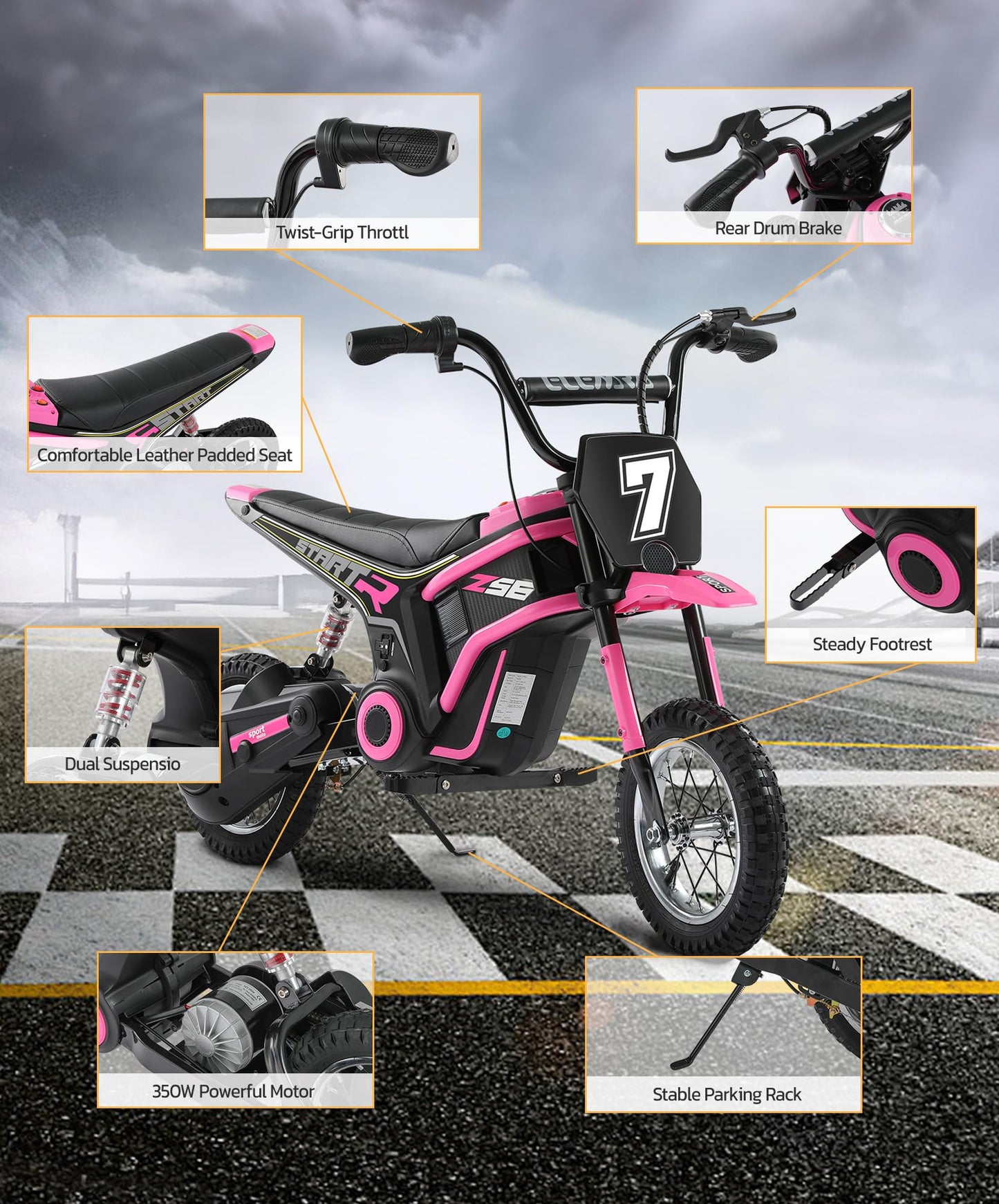 Elemara Electric Motorcycle For Kids, Dirt Bike Electric With Music & Bluetooth,350W Chain-Driven Motor,15.5 Mph & 150Lb Max,Twist-Grip Throttle & Hand-Operated Rear Brake,12' Air-Filled Tires-Pink