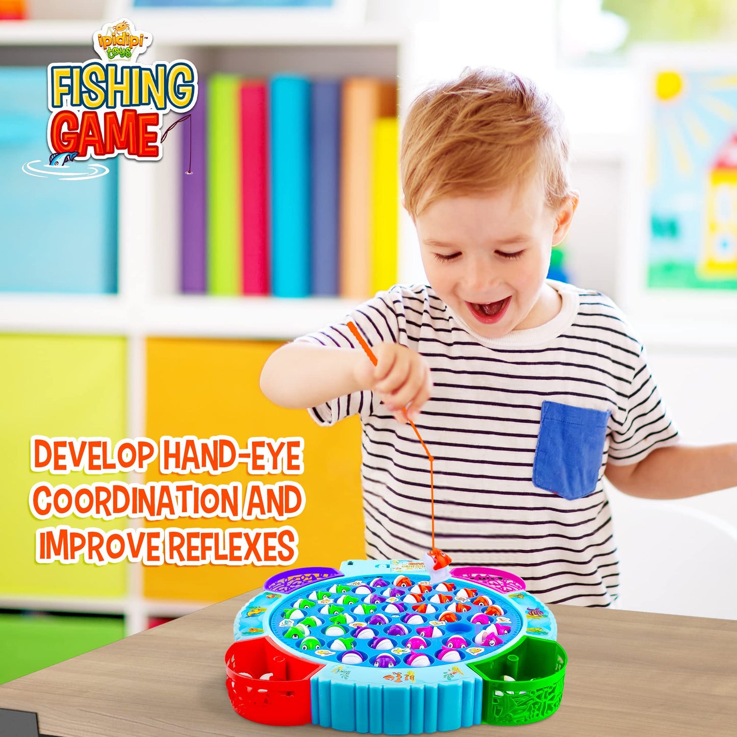 IPIDIPI TOYS Fishing Game for Kids - Magnetic 45 Fish, 8 Poles, Rotating Board, Educational, Fine Motor Skills, Model FG001M