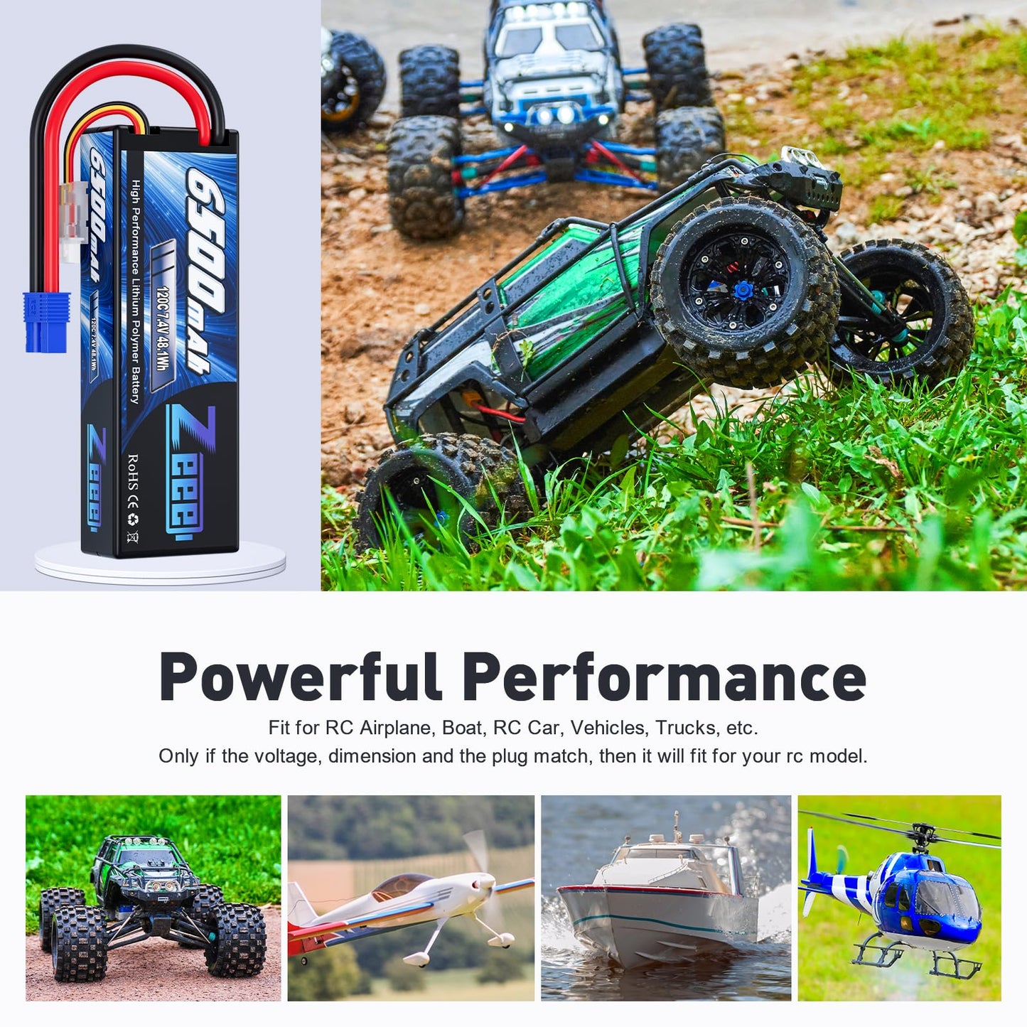 Zeee 2S Lipo Battery 6500mAh 120C 7.4V Hard Case Battery with EC3 Connector for RC Vehicles RC Car Truck Truggy 1/10 Scale Racin