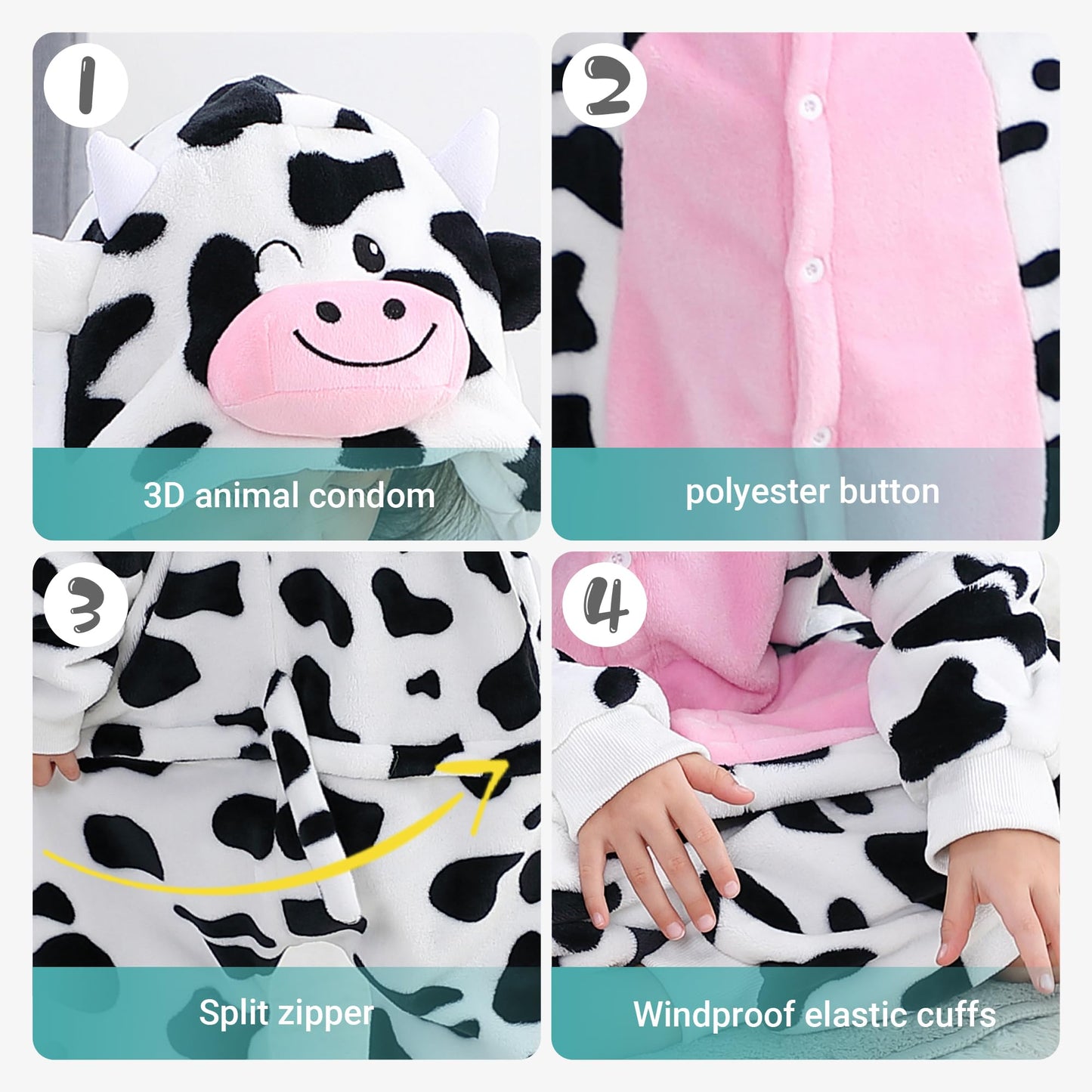 Michley Animal Hooded Romper Kids Flannel Halloween Cosplay Pajamas Costume 3-12T For Autumn Winter, Cow, 7-8T, Size120