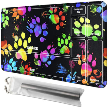 RWUTYTIUL Dog Paw Print Card Playmat 24 X 14 Inch with Tube Bag, Card Gameplay Mat with Zones Commander Deck Board MTG RPG CCG T