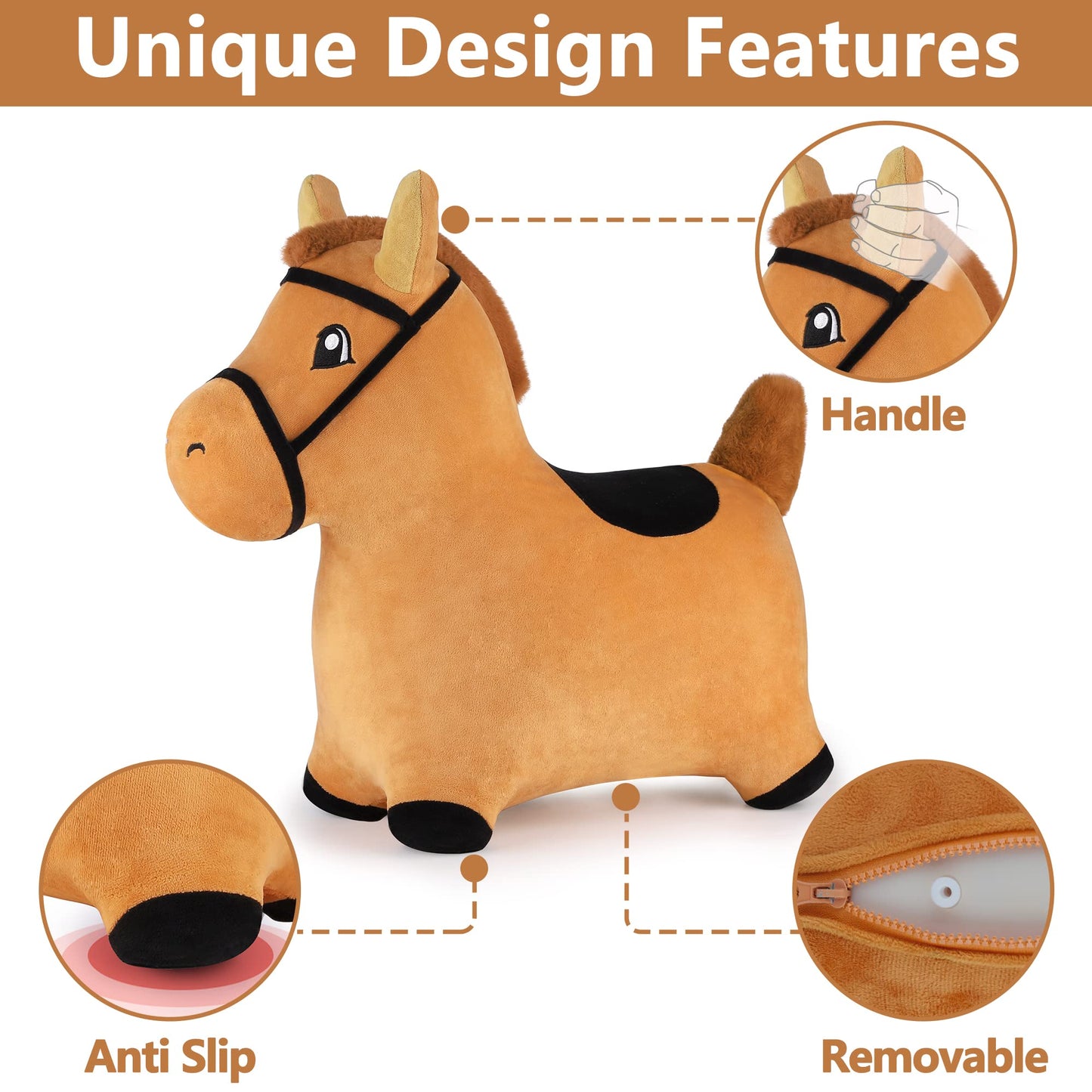 iPlay, iLearn Bouncy Pals Brown Hopping Horse Plush Toy, Medium Inflatable Ride-On Bouncer for Toddlers 18-36 Months