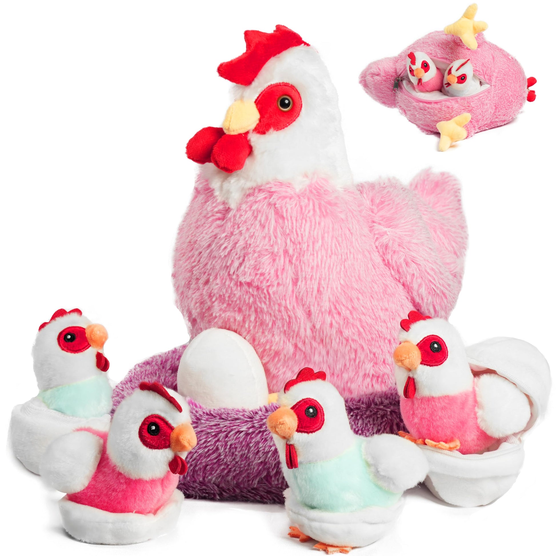 Xyhqyb Chicken Stuffed Animal Plush Toy, 9 In 1 Egg Laying Hen With Zippered Belly For Kids, Mommy Hen With Baby Chicks And Coop