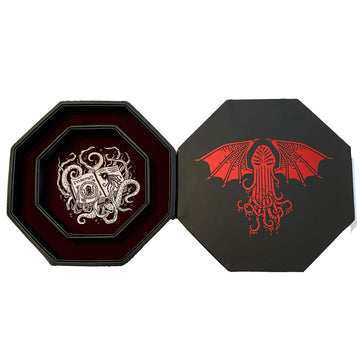 Fantasydice-Cthulhu Tome-RED- Dice Tray - 8'' Octagon with Lid and Dice Staging Area- Holds 5 Sets(7 Dice Set/Standard) for All