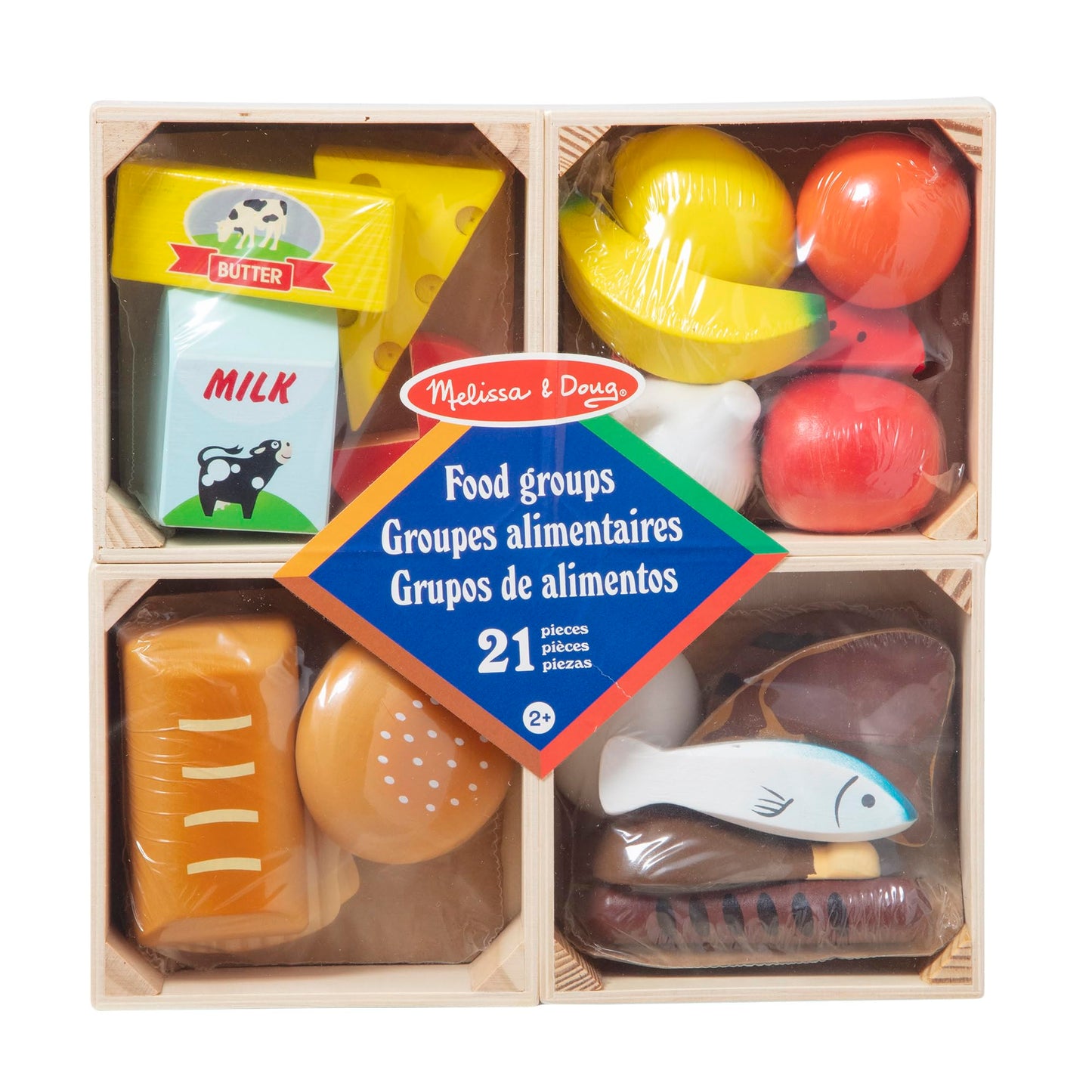 Melissa & Doug Food groups - 21 Wooden Pieces and 4 crates, Multi - Play Food Sets For Kids Kitchen, Pretend Food, Toy Food For