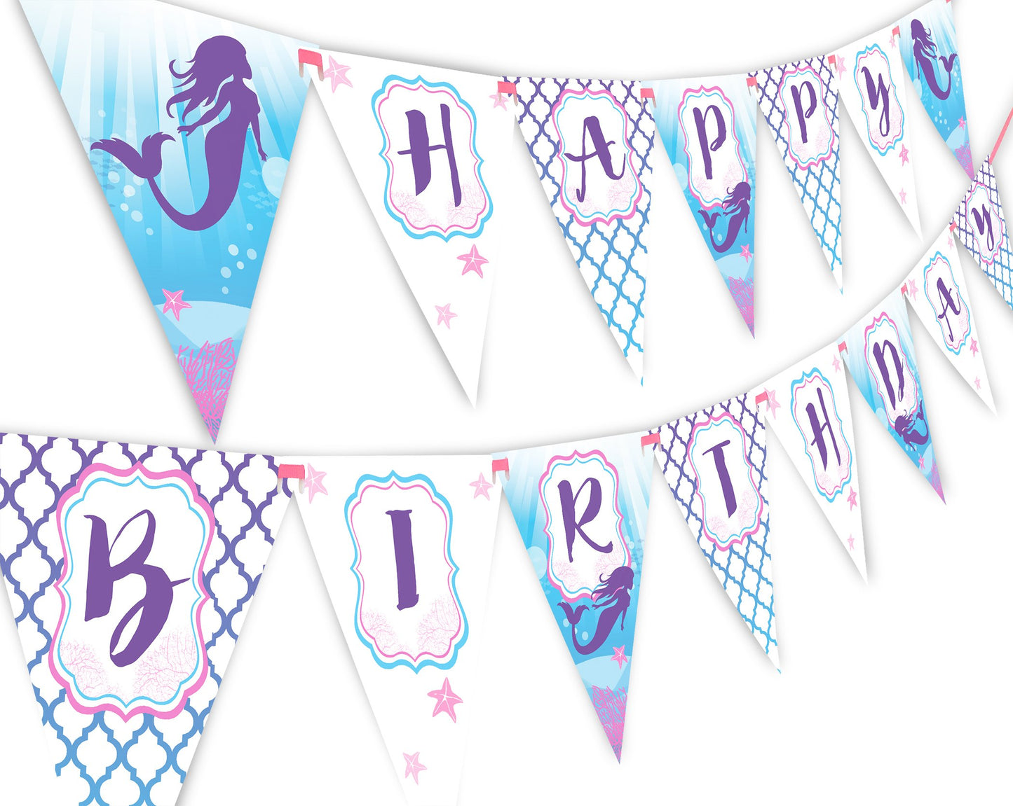 Mermaid Happy Birthday Banner Pennant - Under the Sea Banner - Purple