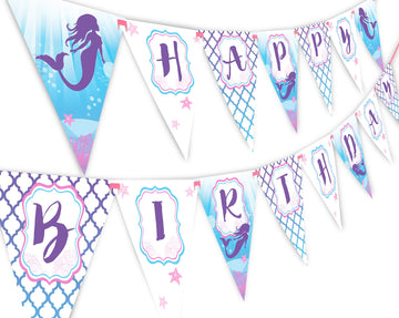 Mermaid Happy Birthday Banner Pennant - Under the Sea Banner - Purple