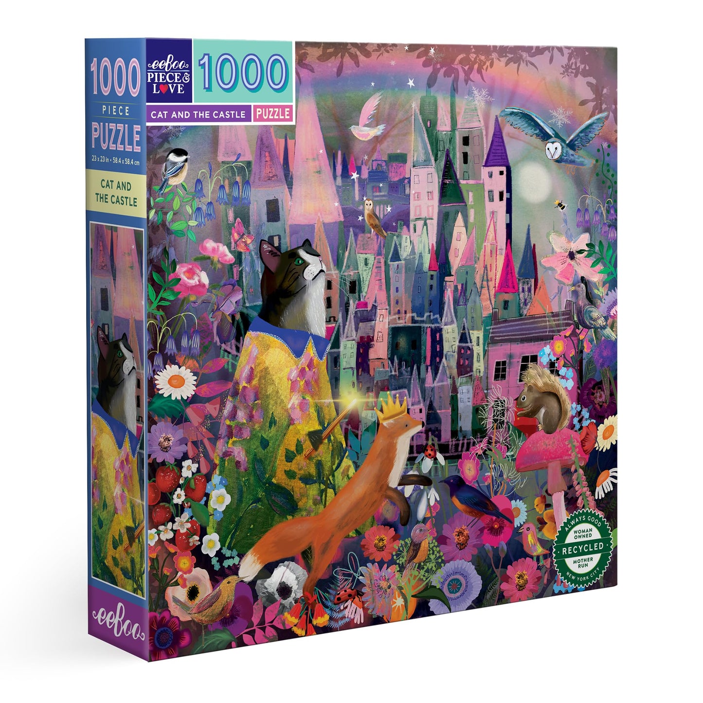 eeBoo Piece & Love: Cat & The Castle - 1000 Piece Puzzle - mature-themed Square Jigsaw  23x23  Includes Image Reference Insert  Glossy Pieces