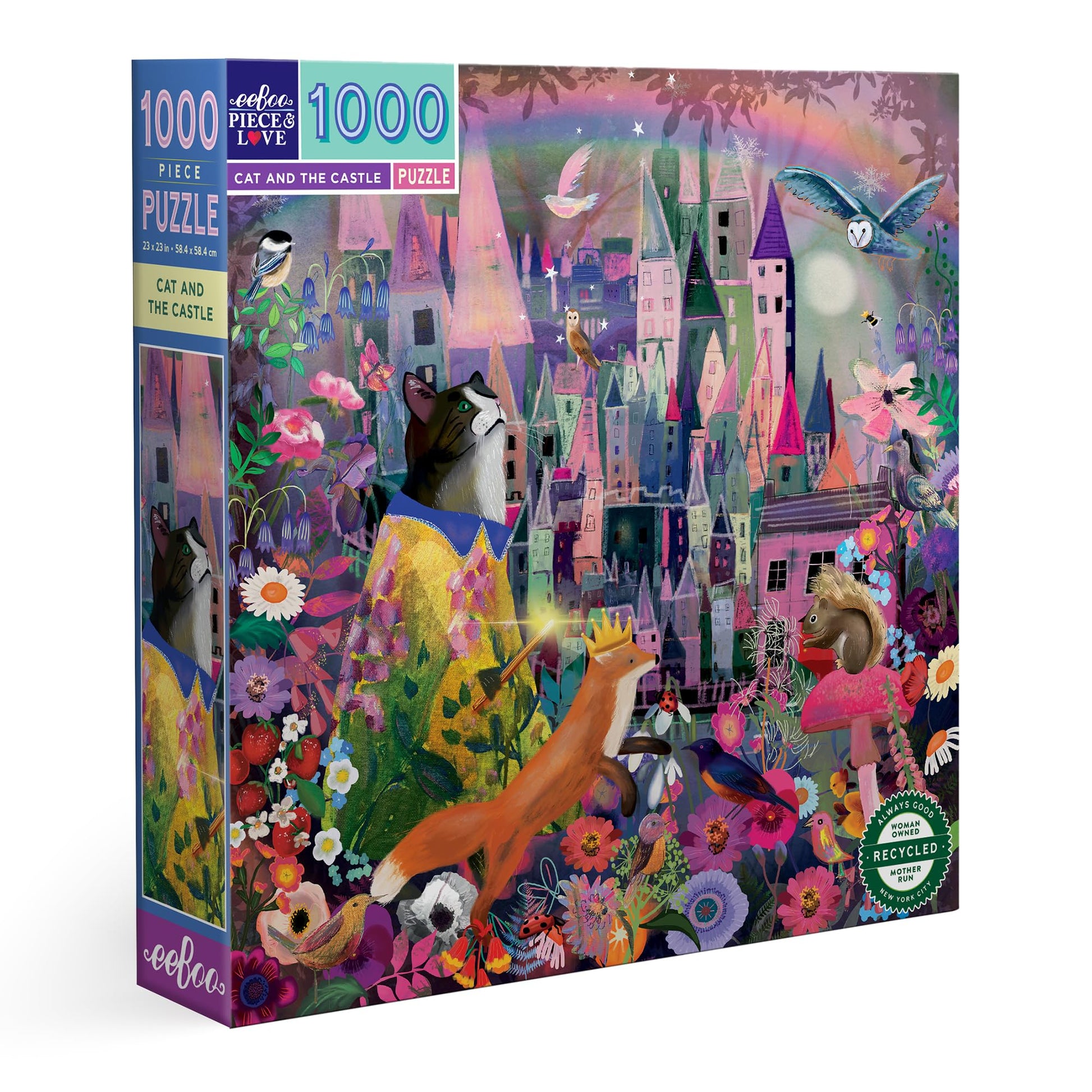 eeBoo Piece & Love: Cat & The Castle - 1000 Piece Puzzle - mature-themed Square Jigsaw  23x23  Includes Image Reference Insert  Glossy Pieces