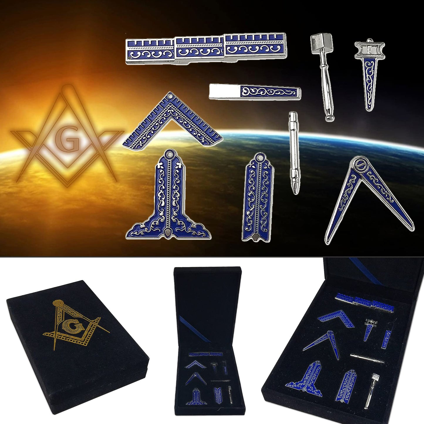 Masonic Working Tool Set Miniature In Velvet Box