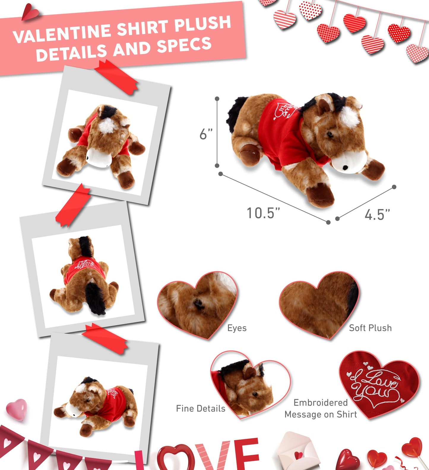 DolliBu I Love You Valentine Plush Lying Brown Horse - Cute Stuffed Animal with Red Shirt and Name Personalization Gift for Valentines Day  Birthday  Anniversary  Romantic Date - 10.5 Inches