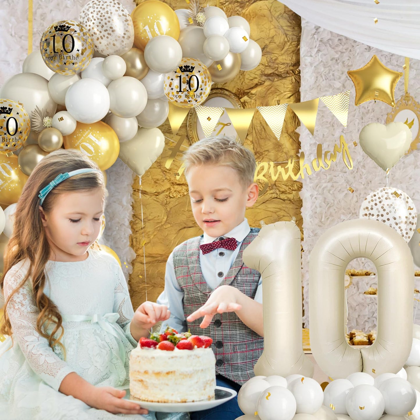 10Th Birthday Decorations Sand White Gold,10Th Birthday Balloon Arch Garland Kit With Happy 10Th Birthday Number 10 Foil Balloon