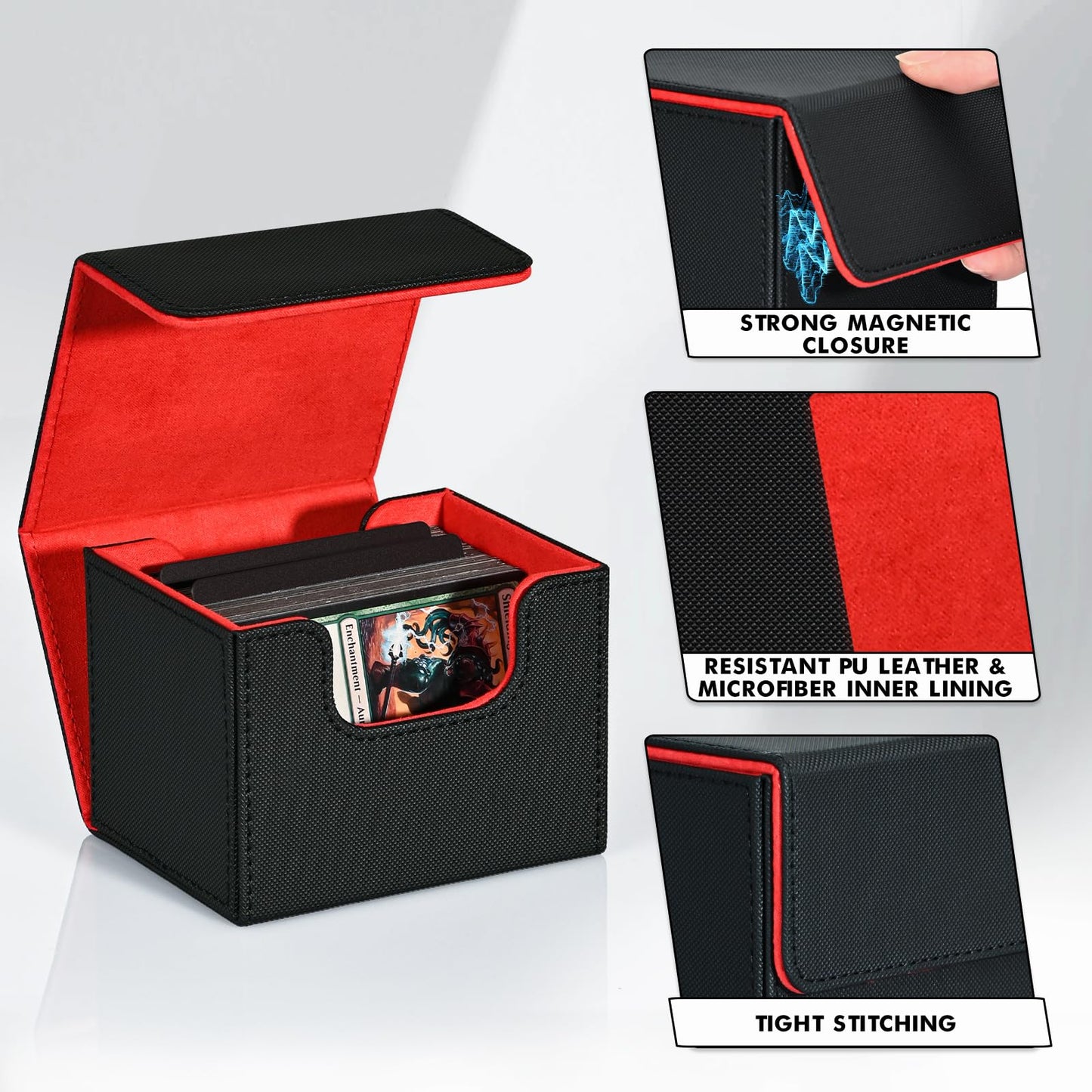 ZLCA Trading Card Deck Box - Faux Leather, Holds 120+ Single Sleeved Cards, Horizontal Size, Black & Red