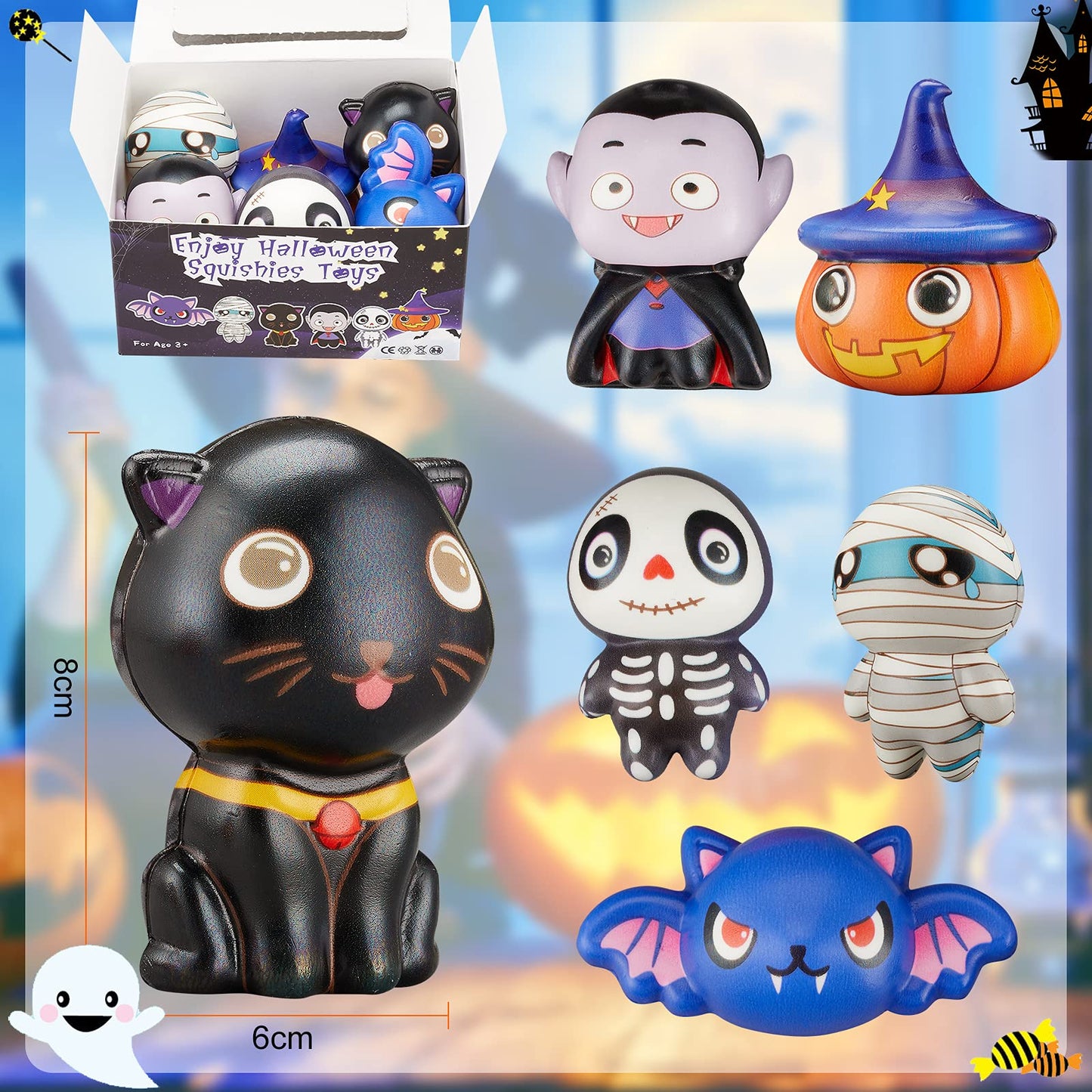 ?New? 6 Packs Halloween Squishies Toys, Slow Rising Squishies Toys- Pumpkin, Vampire,Black Cat,Mummy,Human Skeleton, Bat, Party Favors, Goodie Bag, Super Soft Squeeze Kawaii For Girls Boys, Kids