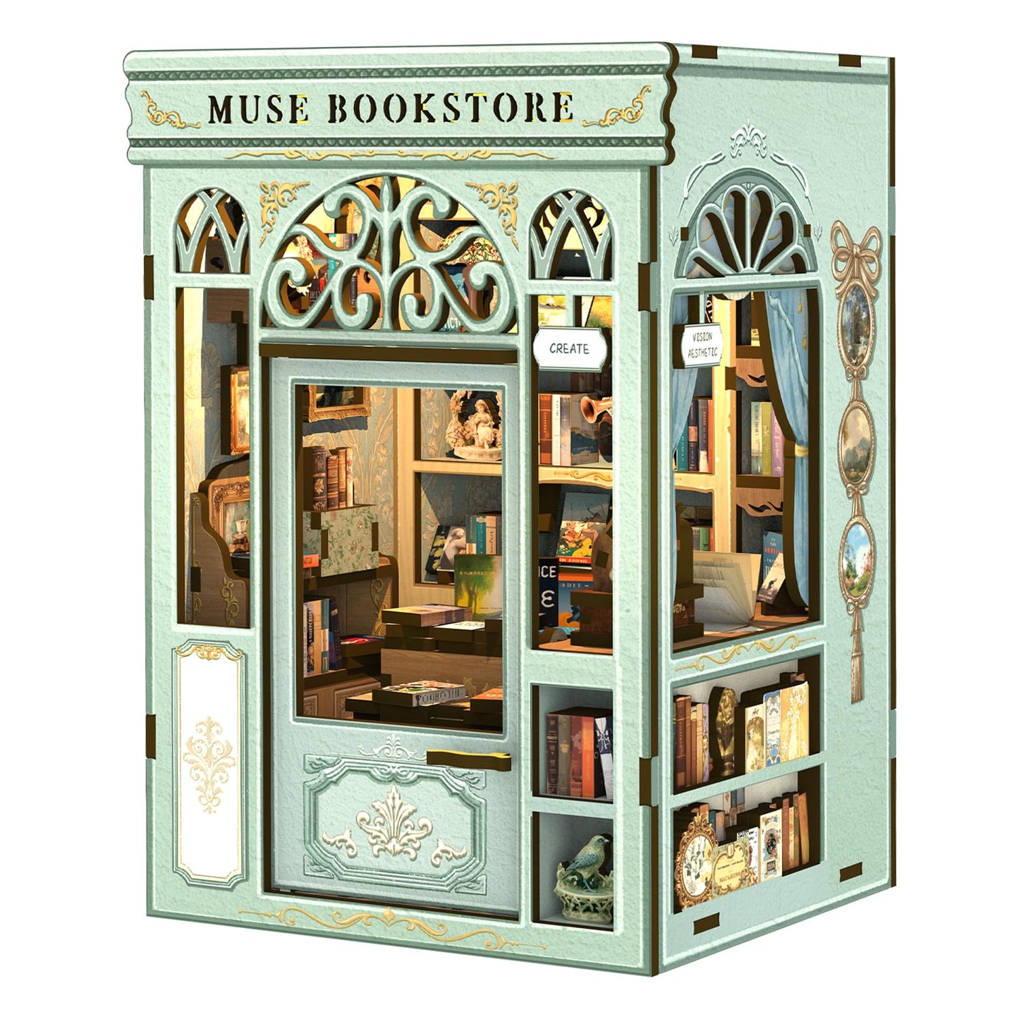 CUTEBEE DIY Book Nook Kit  Miniature House Kits for mature-themed and Teens  DIY Miniature Book Nook kit with Sensor Led Light  Gifts for Lovers and Family (Muse Bookstore)