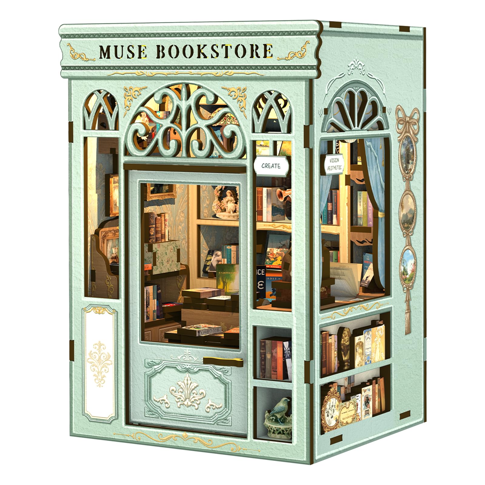CUTEBEE DIY Book Nook Kit  Miniature House Kits for mature-themed and Teens  DIY Miniature Book Nook kit with Sensor Led Light  Gifts for Lovers and Family (Muse Bookstore)