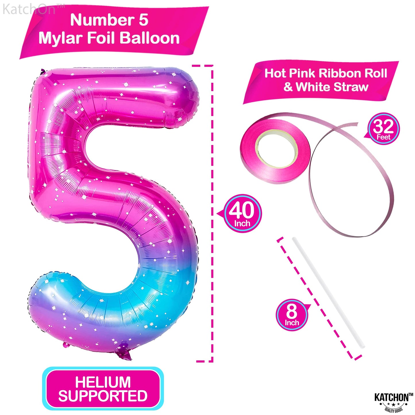 Katchon, Rainbow Number 5 Balloon - Giant, 40 Inch | Pink Blue Number 5 Balloons, Number 5 Birthday Decorations | Foil Galaxy Number 5 Balloon For 5Th Birthday Decorations Girl | 5Th Birthday Balloon