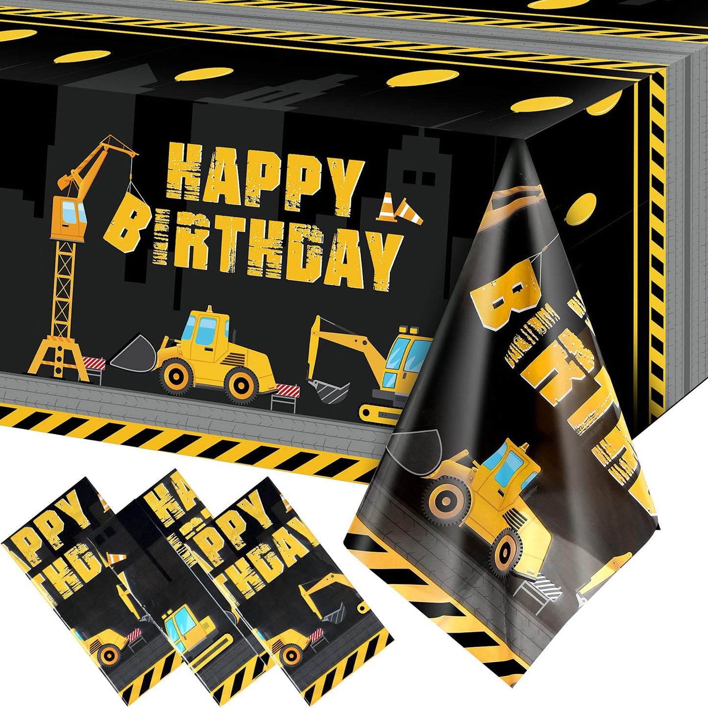 Tatuo Construction Happy Birthday Tablecloth Dump Truck Birthday Table Covers Tractor Plastic Printed Tablecloth Construction Themed Party Decoration Supplies For Kid Boy(3 Sheets,3 Pieces)