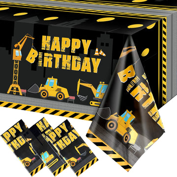 Tatuo Construction Happy Birthday Tablecloth Dump Truck Birthday Table Covers Tractor Plastic Printed Tablecloth Construction Themed Party Decoration Supplies For Kid Boy(3 Sheets,3 Pieces)