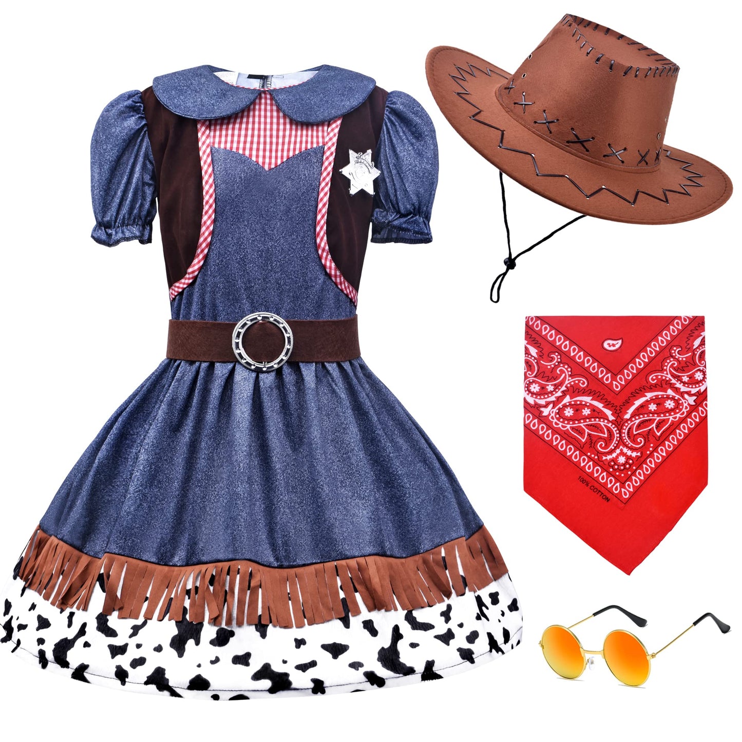 Zzihan Kids Cowgirl Costume Dress Outfits For Girls Role Play Cowboy Cowgirl Hat Bandanas Belt Sunglasses Dress Up Accessories F