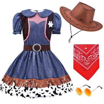 Zzihan Kids Cowgirl Costume Dress Outfits For Girls Role Play Cowboy Cowgirl Hat Bandanas Belt Sunglasses Dress Up Accessories F