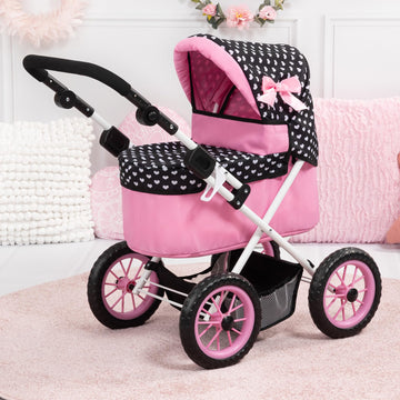 Bayer Design Dolls: Trendy Pram - Hearts Black & Pink - Includes Matching Shoulder Bag, For Dolls Up To 18'', Foldable, Kids Pre