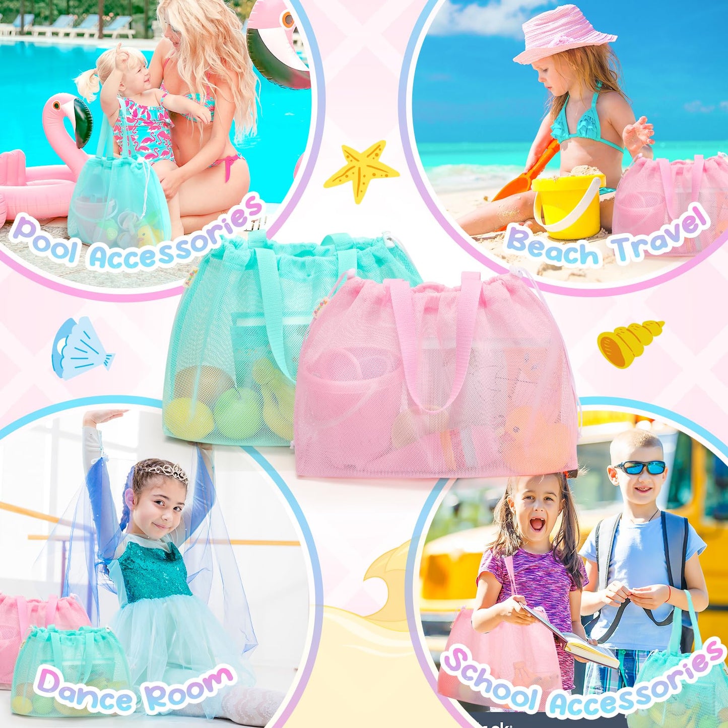 Tagitary Beach Toys Kids Beach Bag Tote with Drawstring, Pink Blue Mesh Bag Travel Beach Essentials for Kids Swim Pool Gym Bag C