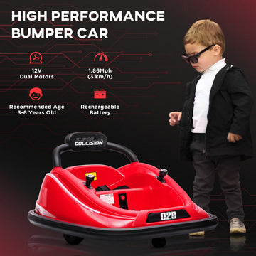 Aosom 12V Toddler Bumper Car With Remote Control, 360° Rotation Kids Electric Ride-On Toy, Twins Motor, Colorful Led Lights, 3 Songs, For Boys And Girls, Red