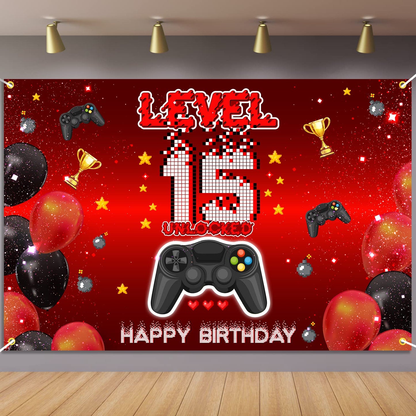 Level 15 Unlocked Backdrop Banner Decorations Video Game On Happy 15th Birthday for Boys Kids Red and Black 15 Years Old Level U