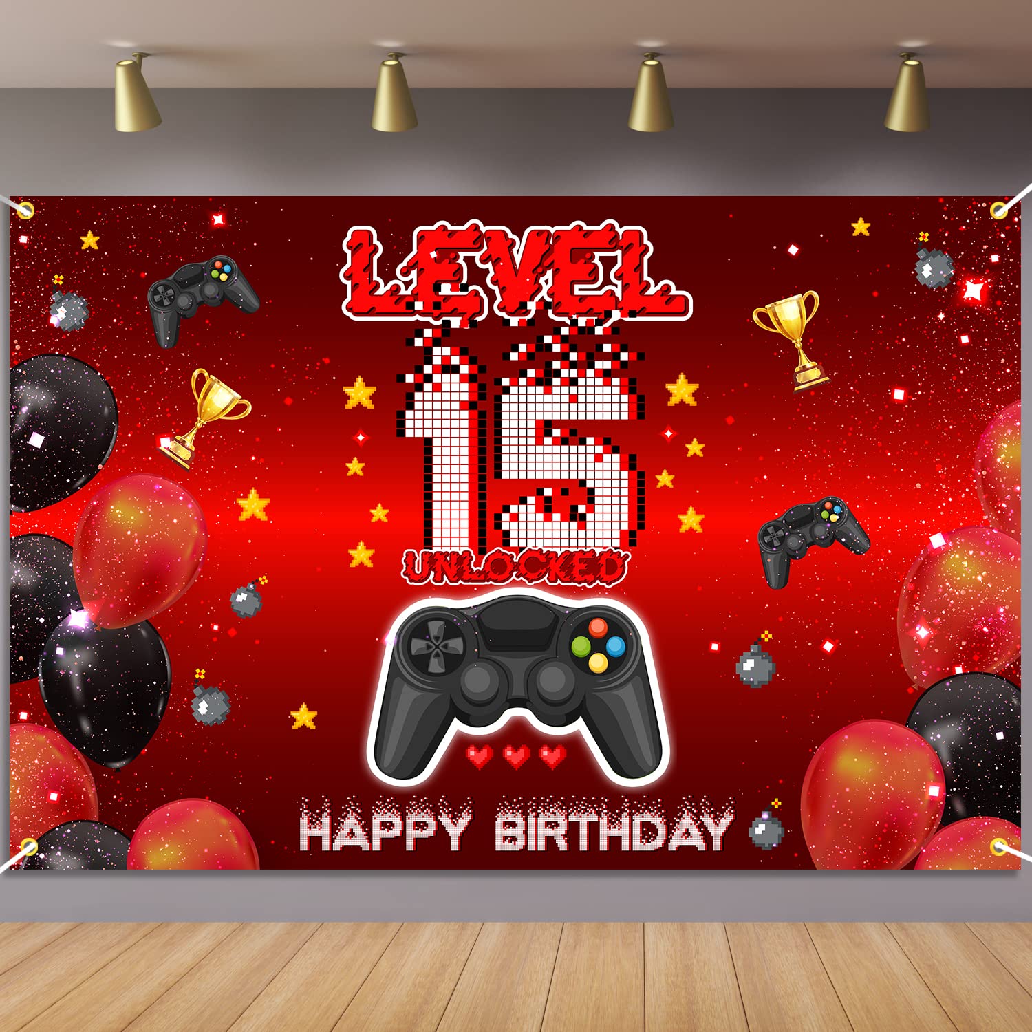 Level 15 Unlocked Backdrop Banner Decorations Video Game On Happy 15th Birthday for Boys Kids Red and Black 15 Years Old Level U