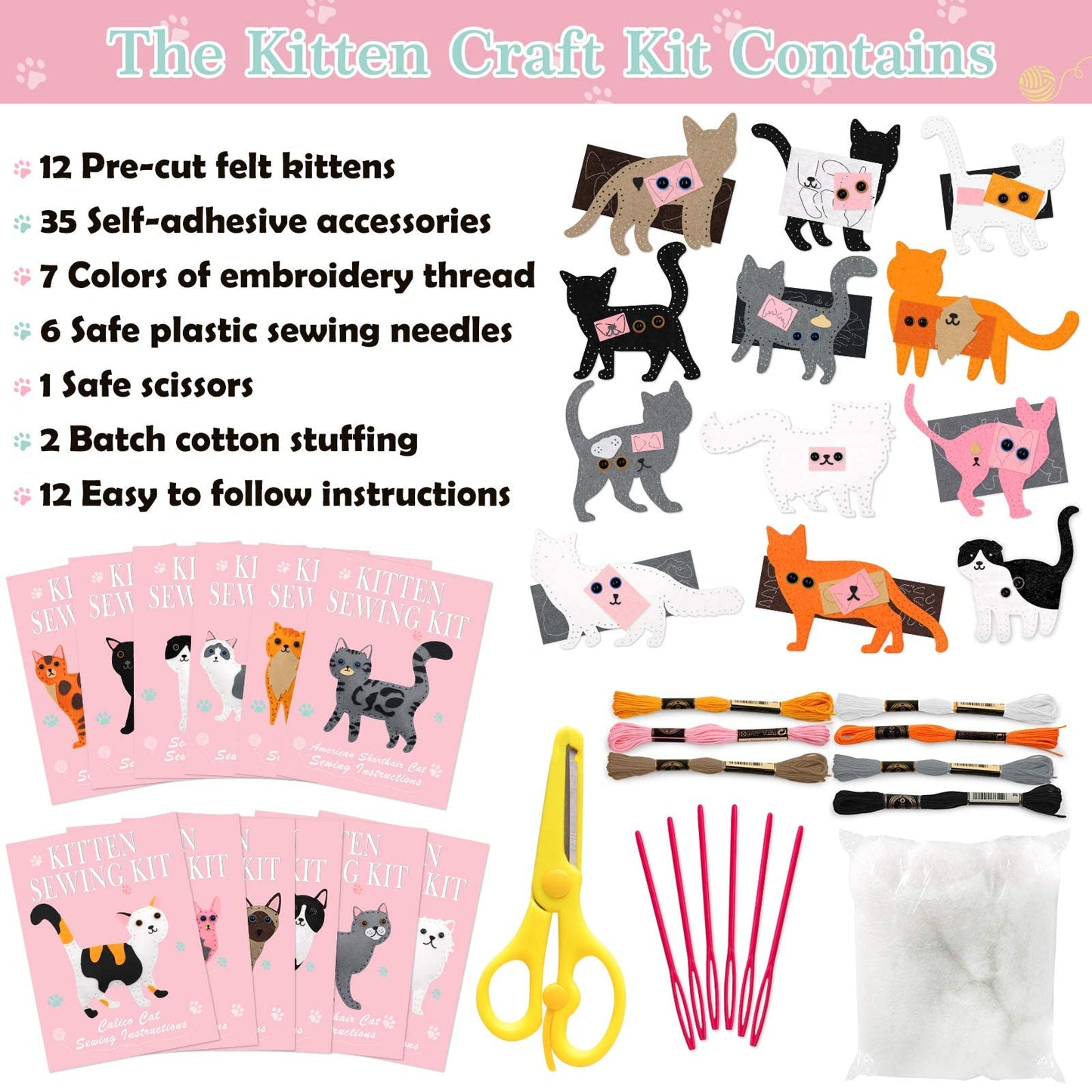 CiyvoLyeen Cat Sewing Kit for Kids - 12PCS Plush Toys Arts & Crafts Set, Animal Felt, Ideal for Ages 7-12, Learn to Sew