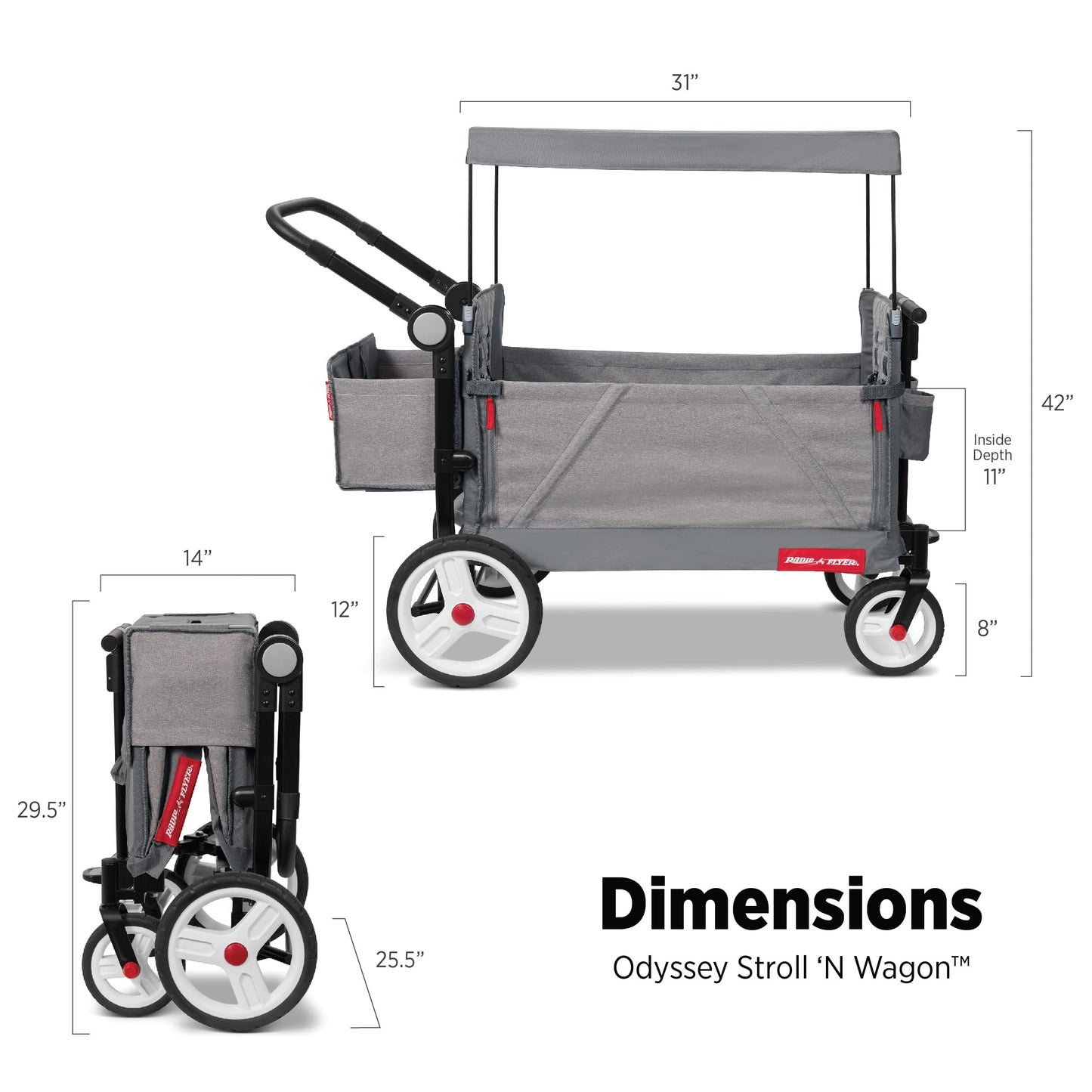 Radio Flyer Odyssey Stroll 'N Wagon, Grey Push Wagon With Canopy And Bag, 1+ Years