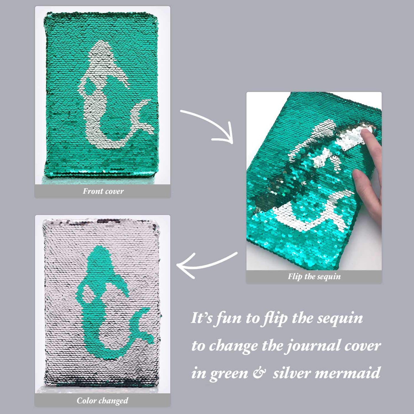 Sequin Girls Journal For Kids, 8.5X5.5 Inches 160 Lined Pages Diary For Girls Mermaid Reversible Flip Sequence Notebook For Teenage Pre School Writing Drawing Travel Gifts (Jellyfish Green-Sliver)