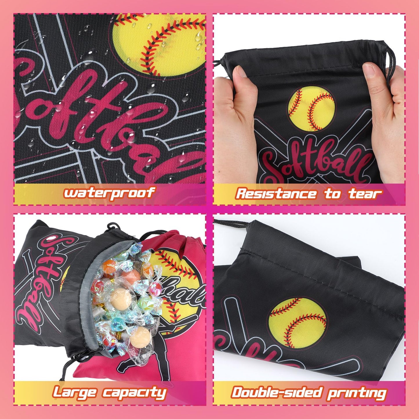 Jenaai 148 Pcs Softball Party Favors Include Drawstring Bags Charm Bracelets Keychain Hair Ties and Stickers, Softball Theme Gif