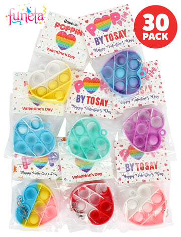 Funeta Valentines Pop Its - 30 Pack Fidget Cards for Kids, Silicone Keychains in Red, White, Blue, Pink, Yellow, Purple