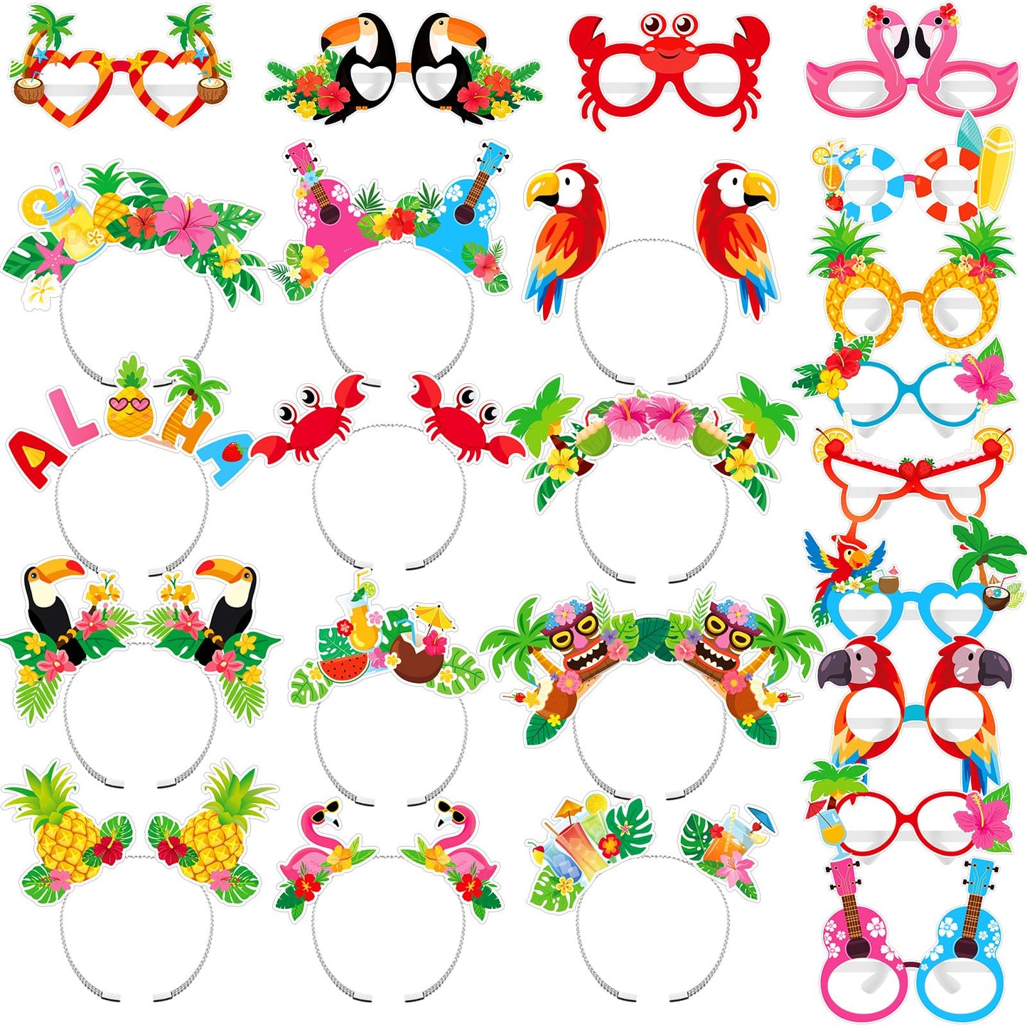 BBTO 24 Pcs Hawaiian Headband Glasses Set Summer Luau Party Decorations Hair Hoop Tiki Aloha Palm Tree Flamingo Headdress Paper 