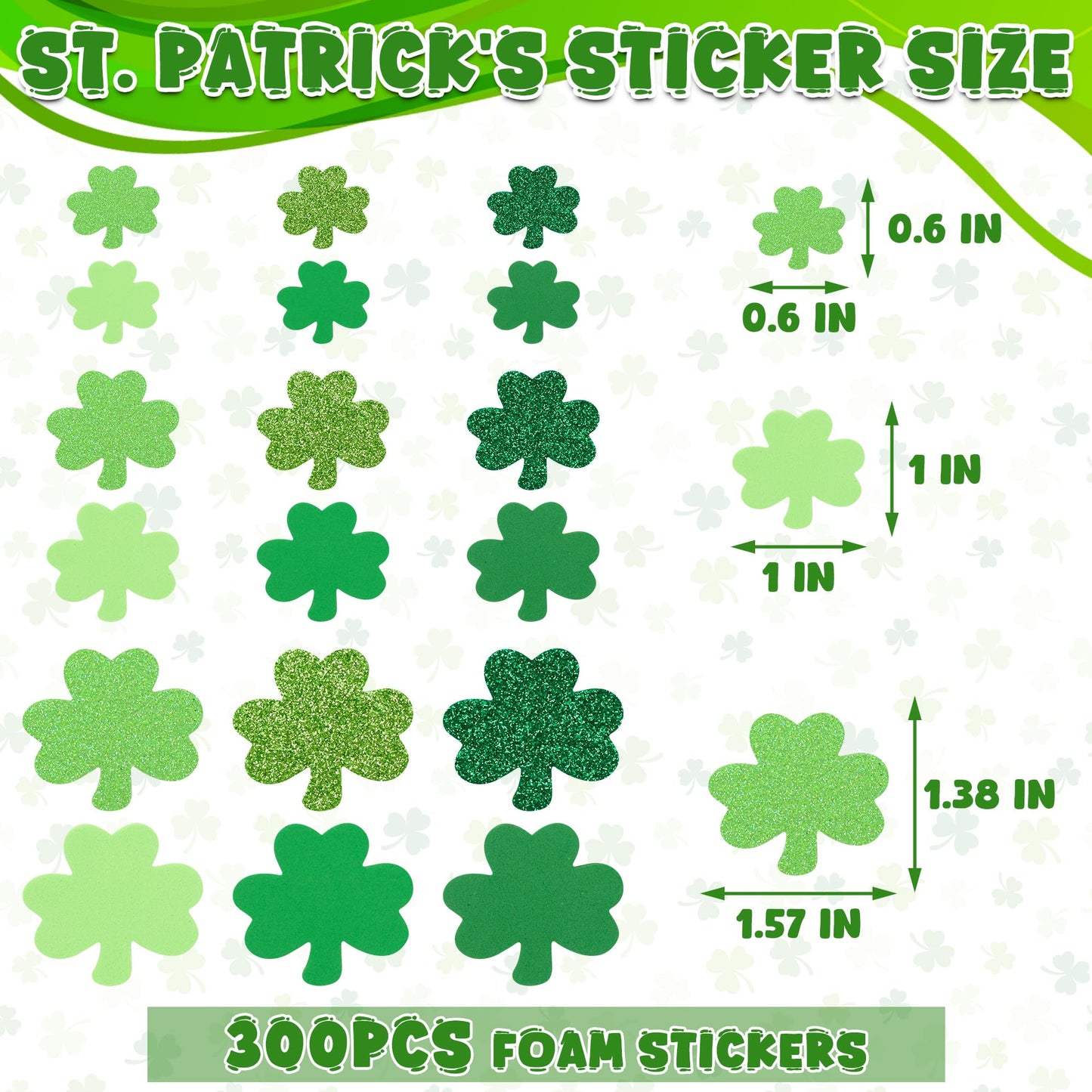300 PCS St Patricks Day Stickers, Foam Shamrock Decorations, Self-Adhesive Shamrock Stickers, Glitter Matte St Patricks Day Stic