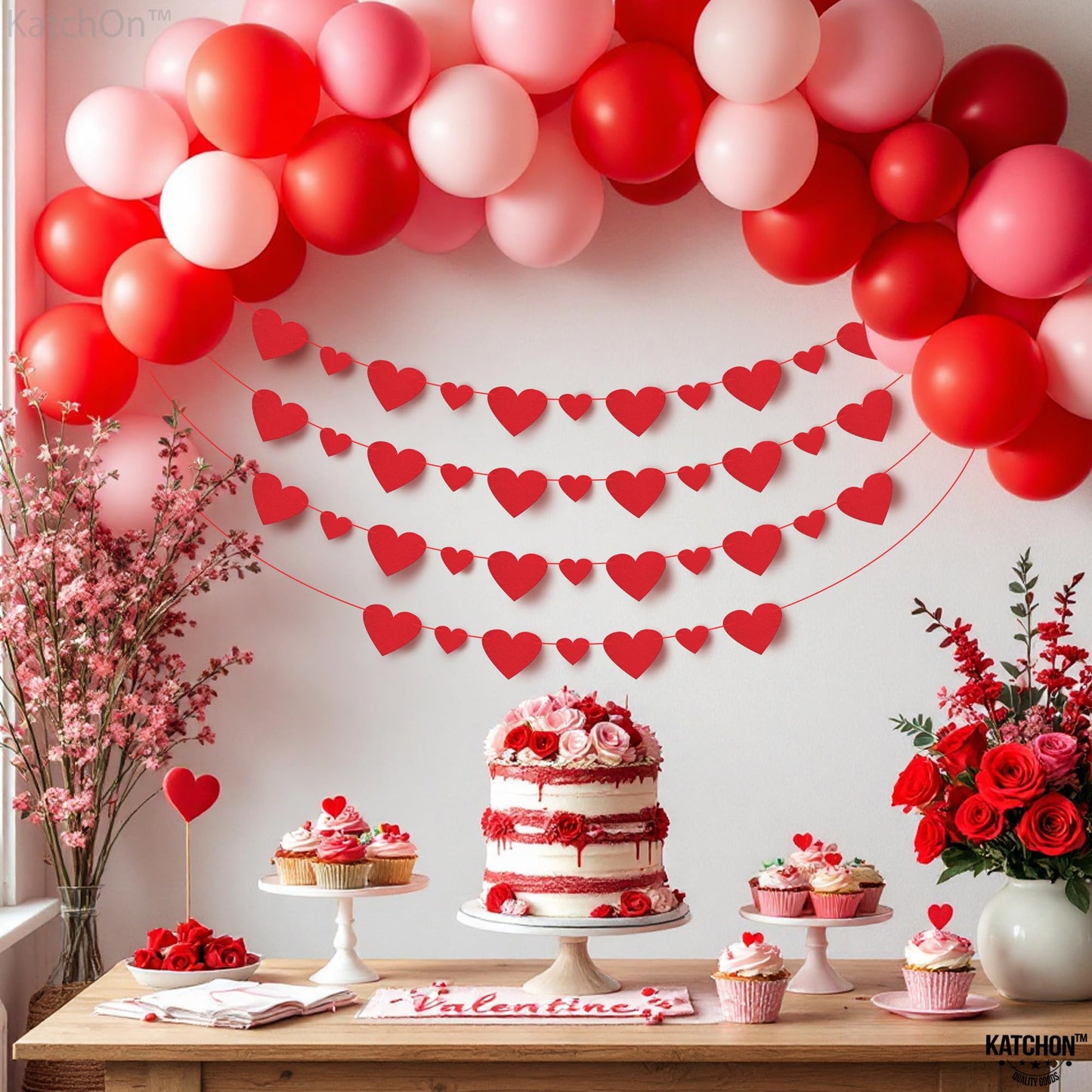 KatchOn, Red Valentines Day Garland - Pack of 40 | Felt Heart Garland for Valentines Day Decorations | Valentine Garland, Galent