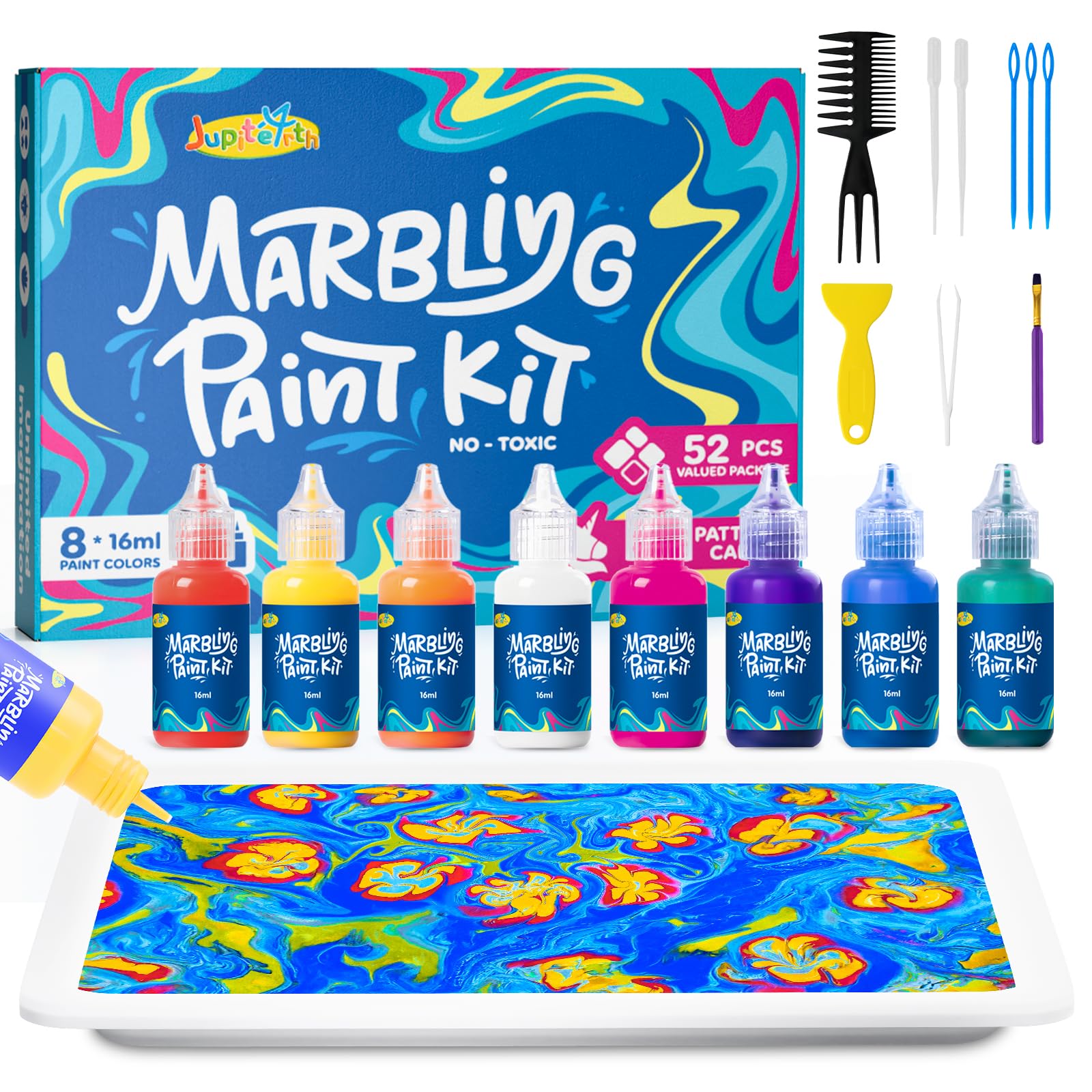 JUPITEARTH Water Marbling Paint Kit, Arts and Crafts for Girls & Boys, Art Supplies for Kids Ages 3-5 4-8 8-12, Marbling Paint f
