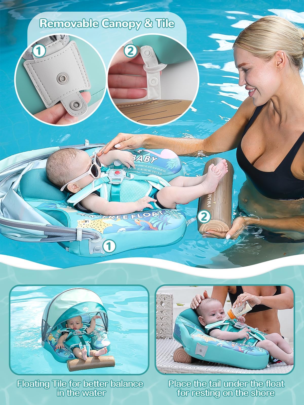Kalolary Baby Pool Float with Canopy, Foam Swim Trainer for Infants 3-24 Months, Green Forest